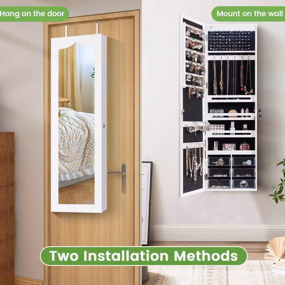 Gymax White Glossy Jewellery Cabinet with Full Length Mirror and Integrated LED Lighting, Wall Mounted – 3