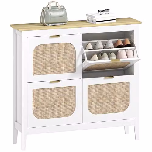 HOMCOM Boho Slim Shoe Cabinet with Rattan Doors, White, Holds 20 Pairs – 1