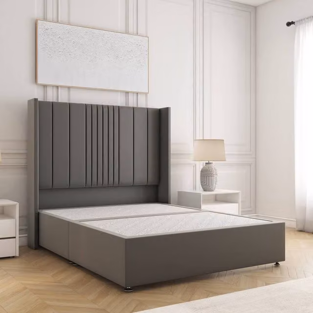 BSSPOKE Charlotte Single Divan Bed with 54 inch Plush Velvet Headboard in Grey
