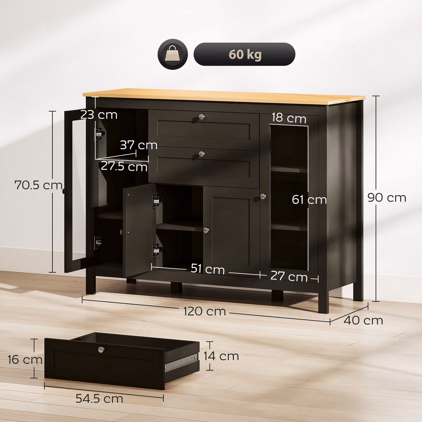 HOMCOM Modern Storage Cabinet Sideboard with Oak Top, 4 Doors, 2 Drawers and 5 Adjustable Shelves in Black Brown – 3