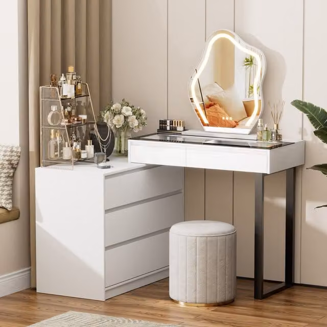 BROTTAR Modern White Vanity Dressing Table with Hollywood LED Mirror and Transparent Glass Top