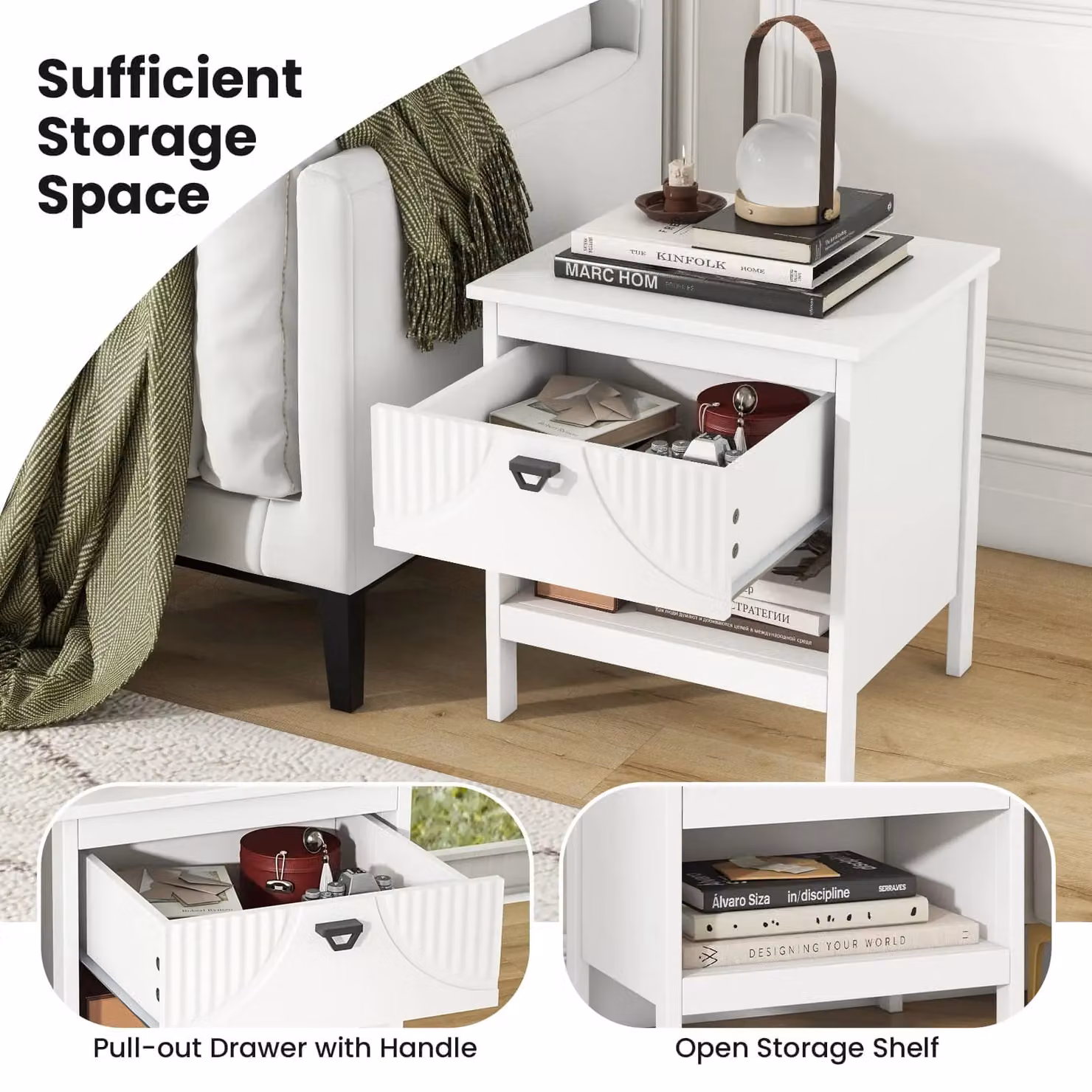 Costway 2-tier Wood Side Table with Open Storage Shelf in White – 3