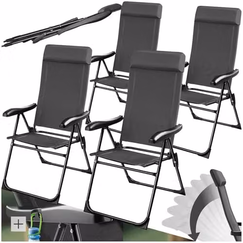 tectake Set of 4 Folding Camping Chairs with Adjustable Backrest and Soft Head Cushions in Anthracite – 1