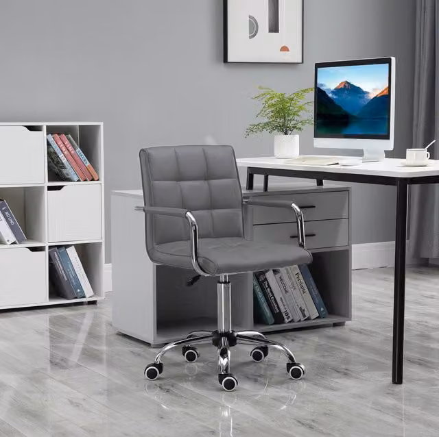 STILVORA Grey Faux Leather Swivel Task Chair with Metal Base and Armrests