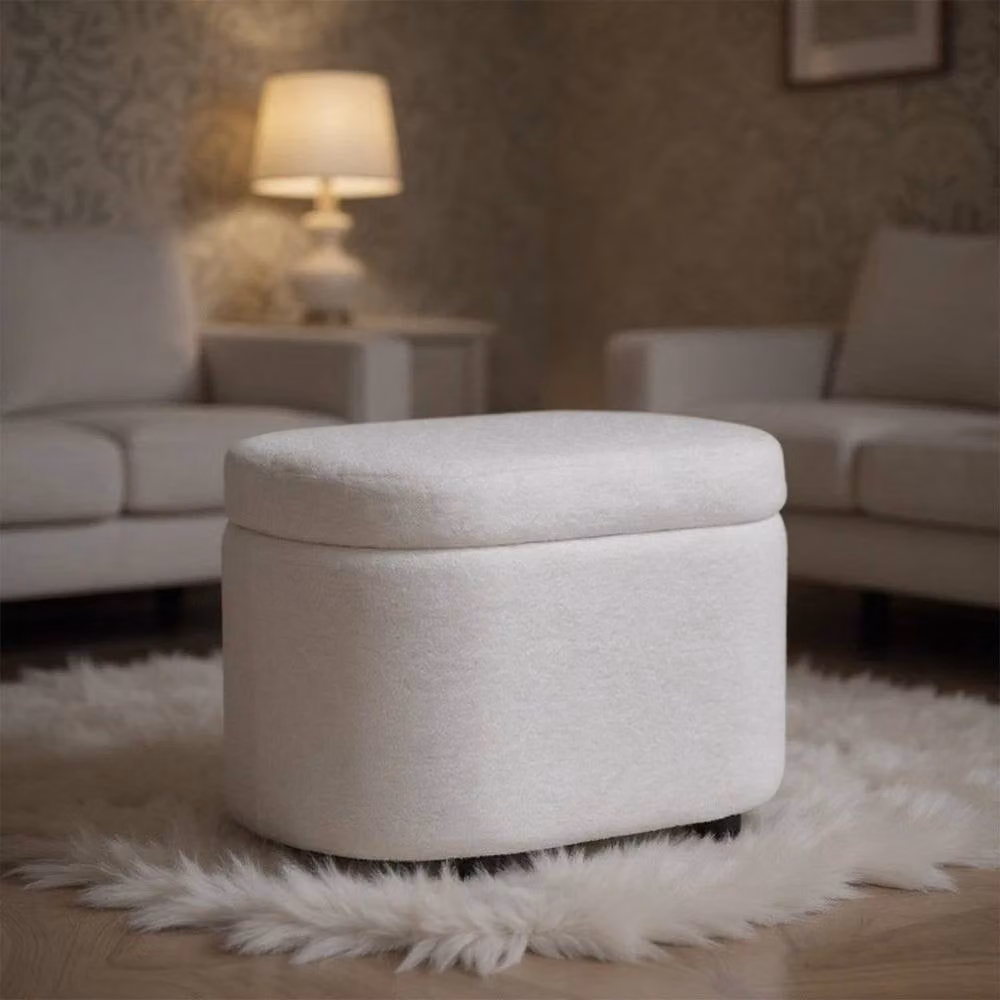 KORVIXA White Teddy Velvet Oval Ottoman Pouffe Seat Stool, W/D: 100 x 100 cm – 3