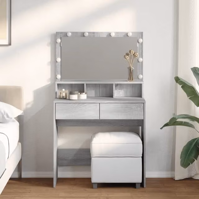 Berkfield Home Grey Sonoma Dressing Table with Hollywood LED Mirror W/D/H: 80 x 41 x 134.5 cm – 1