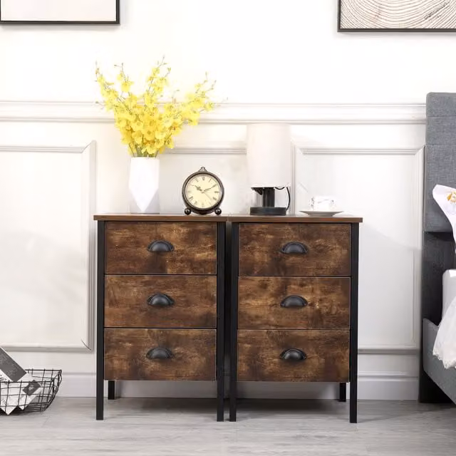 HMD Furniture Brown Industrial Bedside Table with 3 Drawers