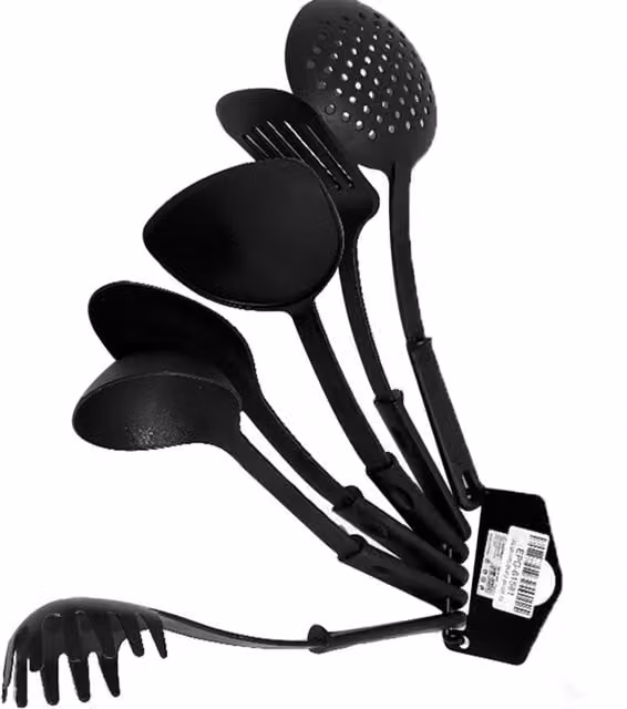KDMK 6 Piece Black Nonstick Heat Resistant Plastic Utensil Set, 30cm