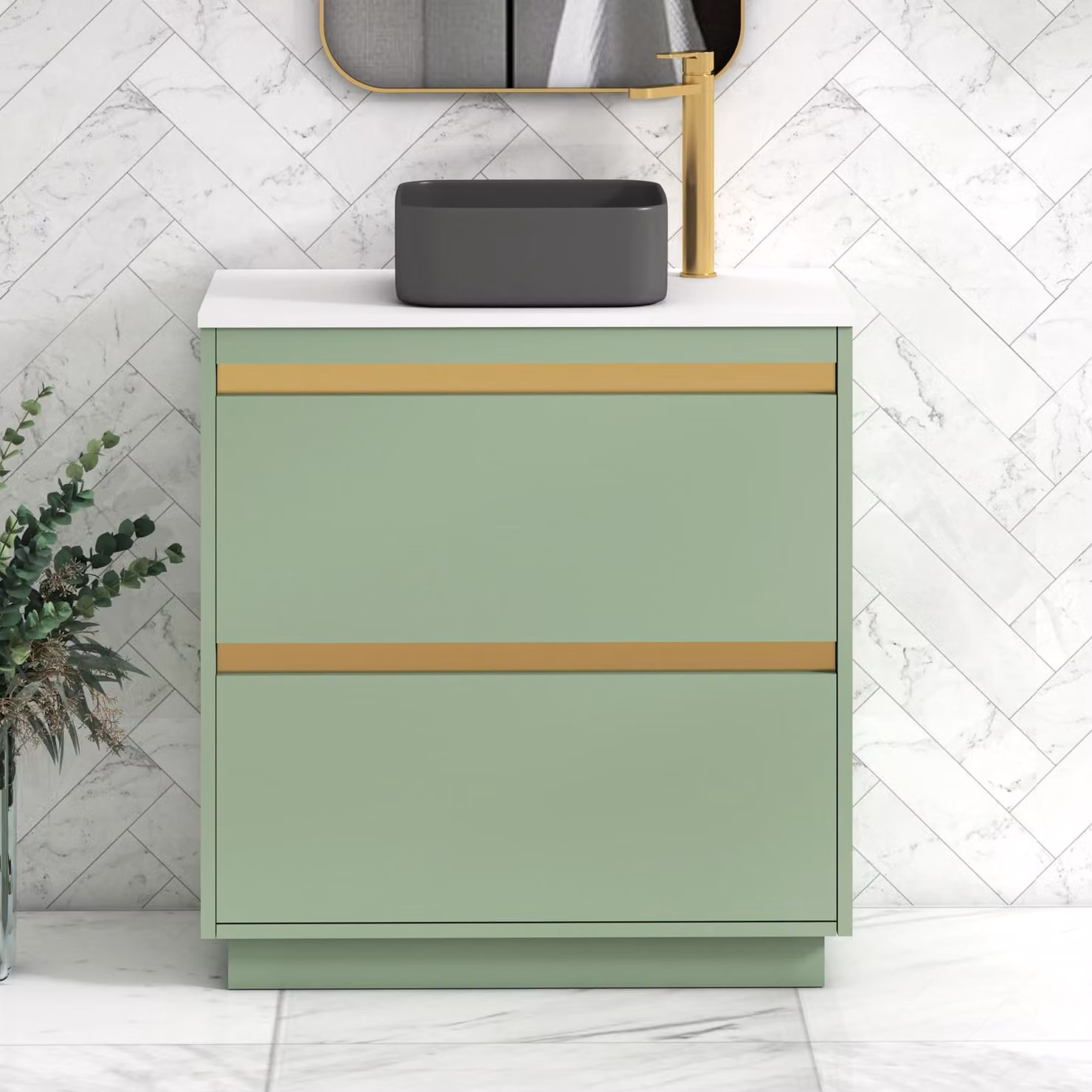 Royal Bathrooms Orion 800mm Mint Sage Floor Standing 2 Drawer Vanity Unit with Art Square Basin and Brushed Brass Accent Trim