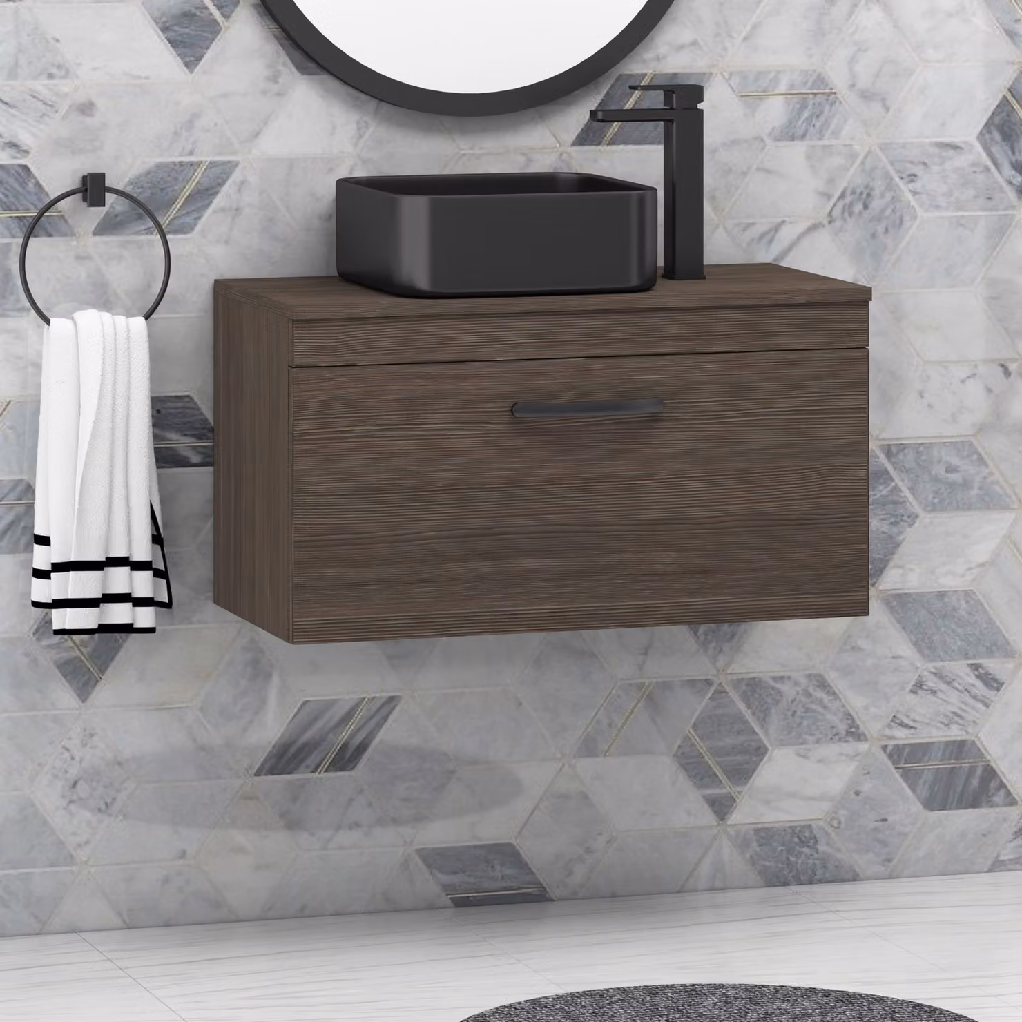 Royal Bathrooms Turin 800mm Grey Elm Wall Hung 1-Drawer Unit and Art Square Countertop Basin Set