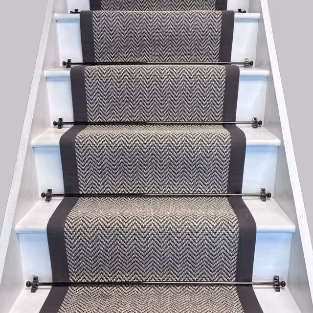 RainbowHome Herringbone Java Stair Runner in White with Grey Cotton Border, W/D/H: 60 cm x 600 cm