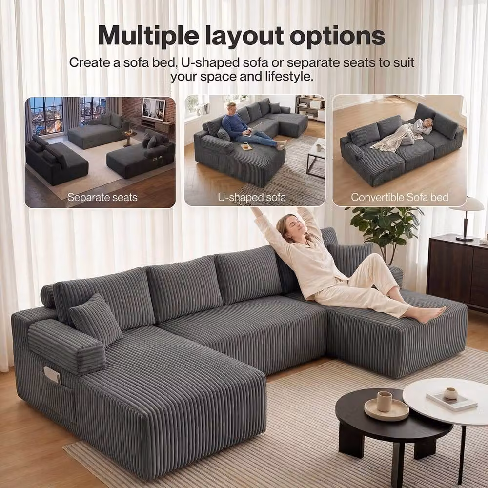 VOGREX Grey Corduroy Modular Convertible Corner Sofa with Sleeping Function – 5
