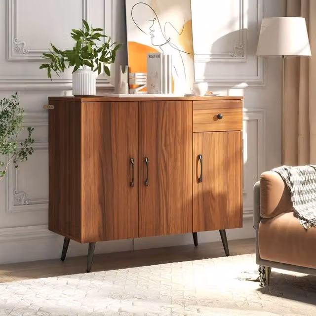 FORGEVIO Modern Brown Multicolour Buffet Kitchen Storage Cabinet with Wood and Glass Details