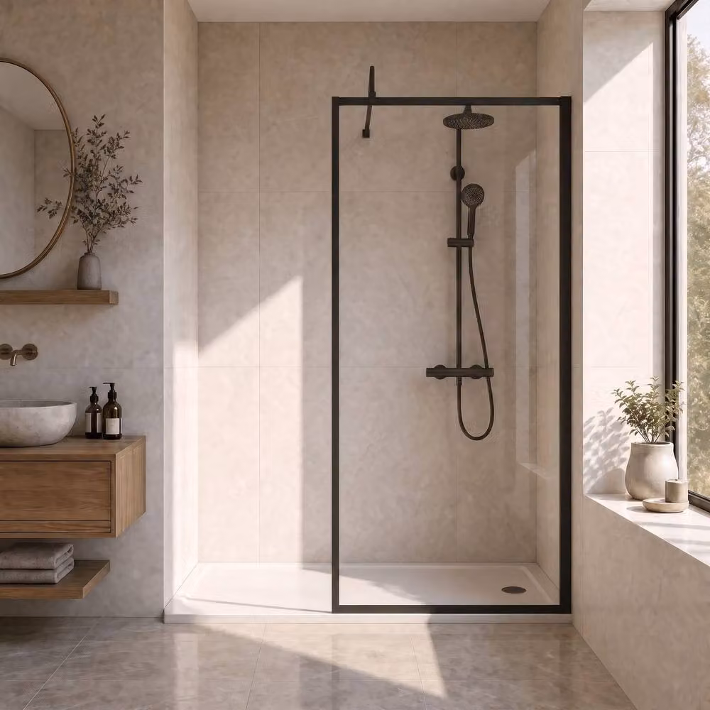 Balterley Single Panel 8mm Glass Wetroom Screen and Support Bar in Black, Width: 80 cm – 2