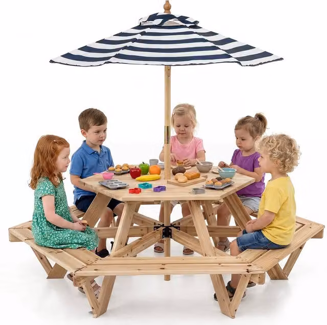 CASART Kids Picnic Table and Bench Set with Removable Adjustable Umbrella in Natural Wood and Multicolour Striped Design