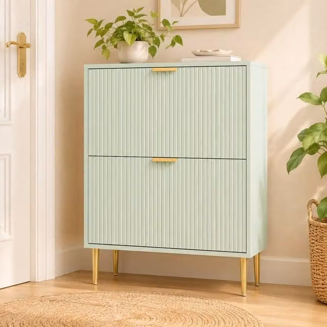 STILVORA Modern Green Shoe Cabinet with 2 Tilting Compartments, H 91.5 x W 60.0 x D 24.0 cm