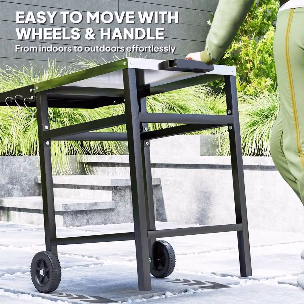 Ventryn BBQ Trolley with Foldable Side Table and Charcoal Pizza Table in Black and Silver – 3