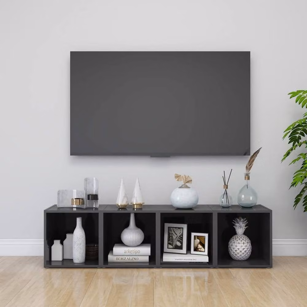 Berkfield Home Set of 4 High Gloss Grey Modern TV Cabinets, W/D/H: 37 x 35 x 37 cm – 1