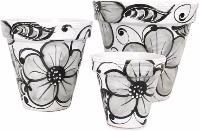 Verano Spanish Ceramics Classic Floral Round Ceramic Planter Set in Grey and White