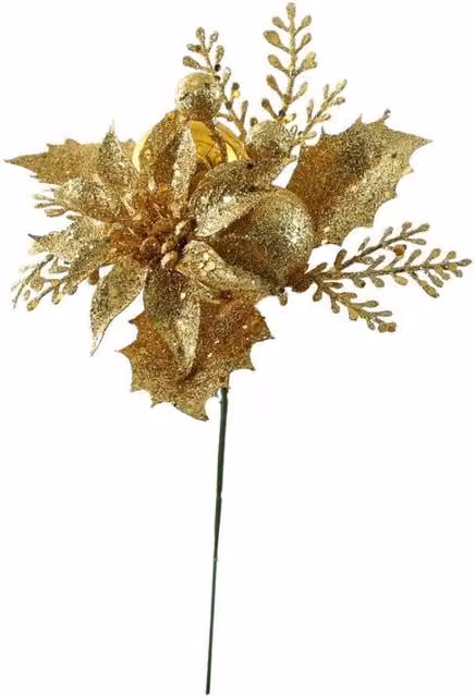 KDMD Gold Glitter Poinsettia and Bauble Pick, 5 Pack, 24 cm