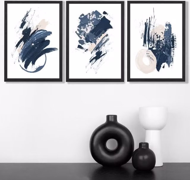 ARTZE Set of 3 Blue Abstract Minimalist Wall Art Prints with Black Frames – 1