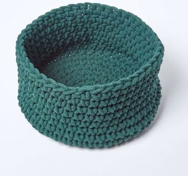 Homescapes Green Open Weave Cotton Knitted Round Storage Basket, 29l