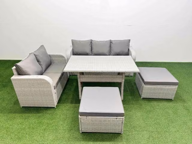 Fimous 7 Seater Grey PE Rattan Wicker Garden Furniture Set with Rectangular Dining Table, 3 Seater Sofa, Love Seat and 2 Footstools