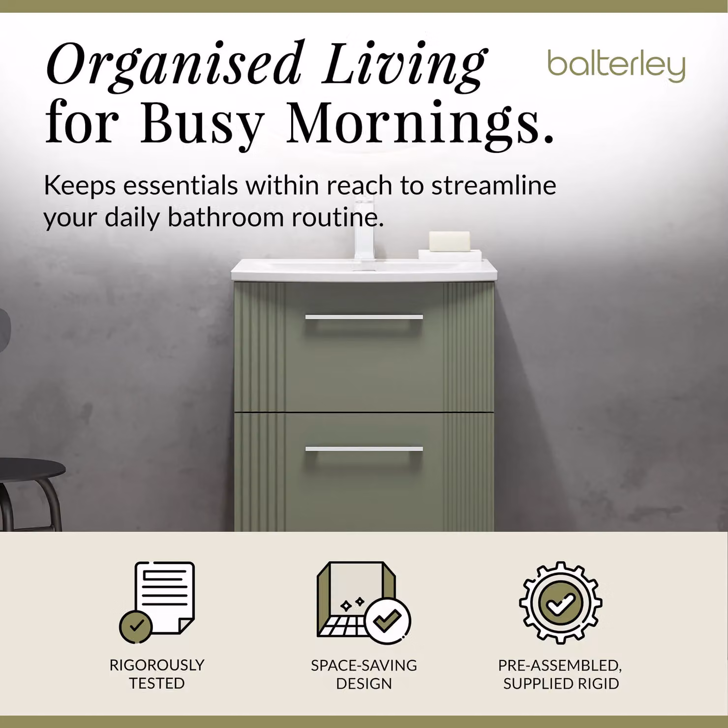 Balterley Wall Hung 2 Drawer Vanity Unit with Curved Vitreous China Basin, Satin Green – 2