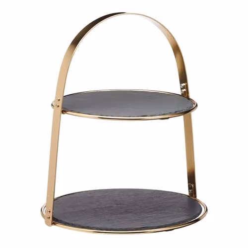 Artesa 2-Tier Round Slate Cake Stand with Gold Finish, W/D/H: 29.5 x 29.5 x 35 cm, Black and Gold