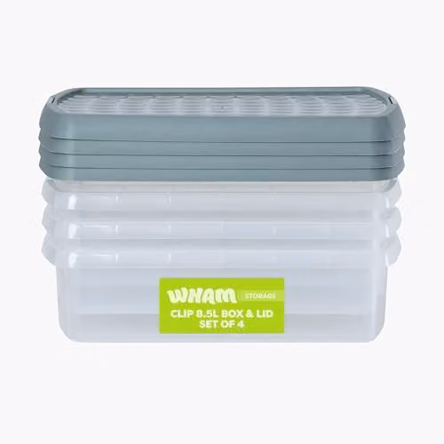 Wham 4 Pack Rectangular Stackable Plastic Storage Boxes with Lids, 8.5L Each, Clear and Green