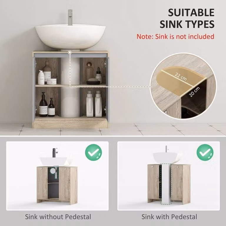 FORGEVIO Grey Under Sink Storage Cabinet with 2 Hinged Doors and Adjustable Internal Shelves