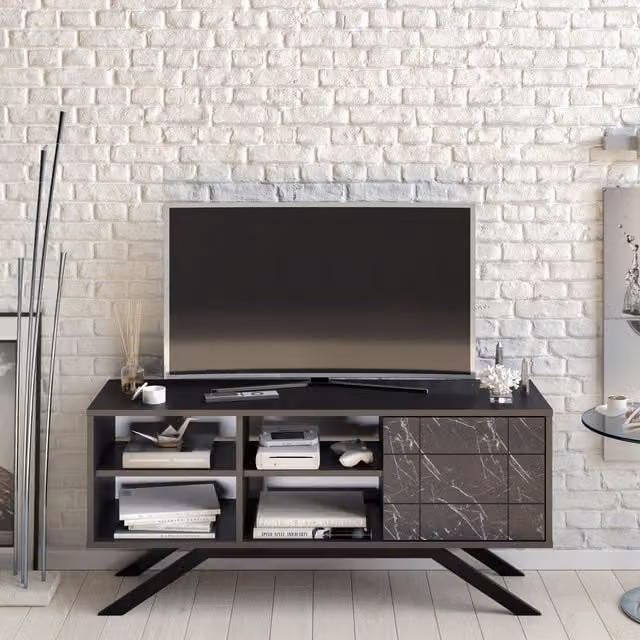 Decorotika North Modern TV Unit in Black and Black Marble Effect