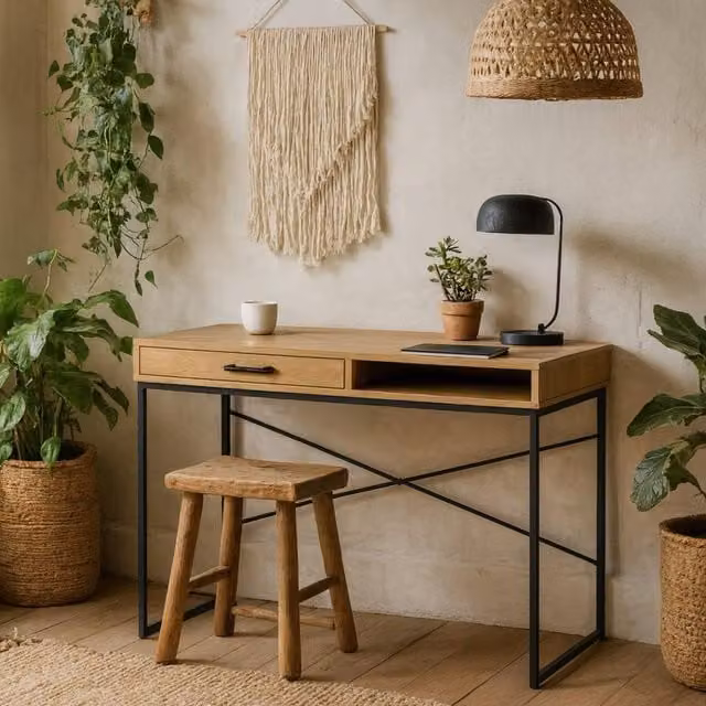 Wyld Haus El Paso Writing Desk with Single Pedestal Drawer in Black and Brown, W/D/H: 110 x 45 x 75 cm – 1