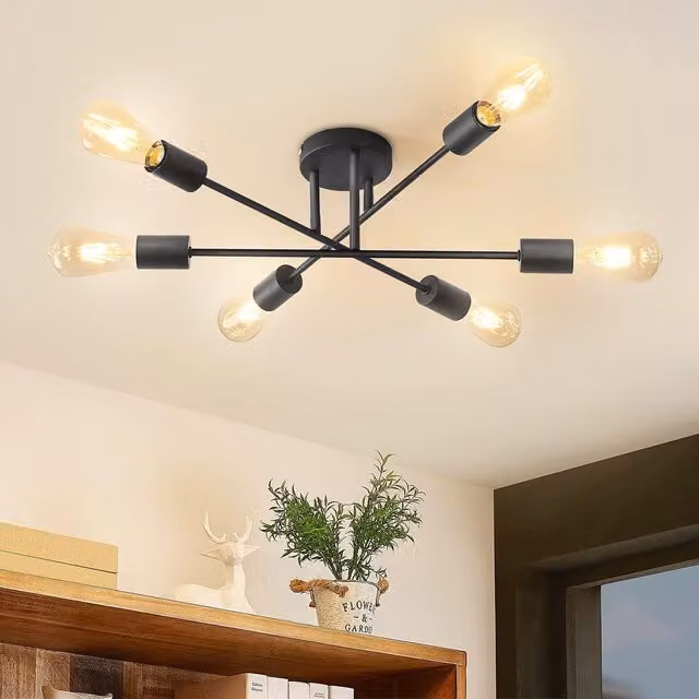 COMELY Sputnik 6-Light Black Metal Flush Mount Ceiling Light with E27 Sockets
