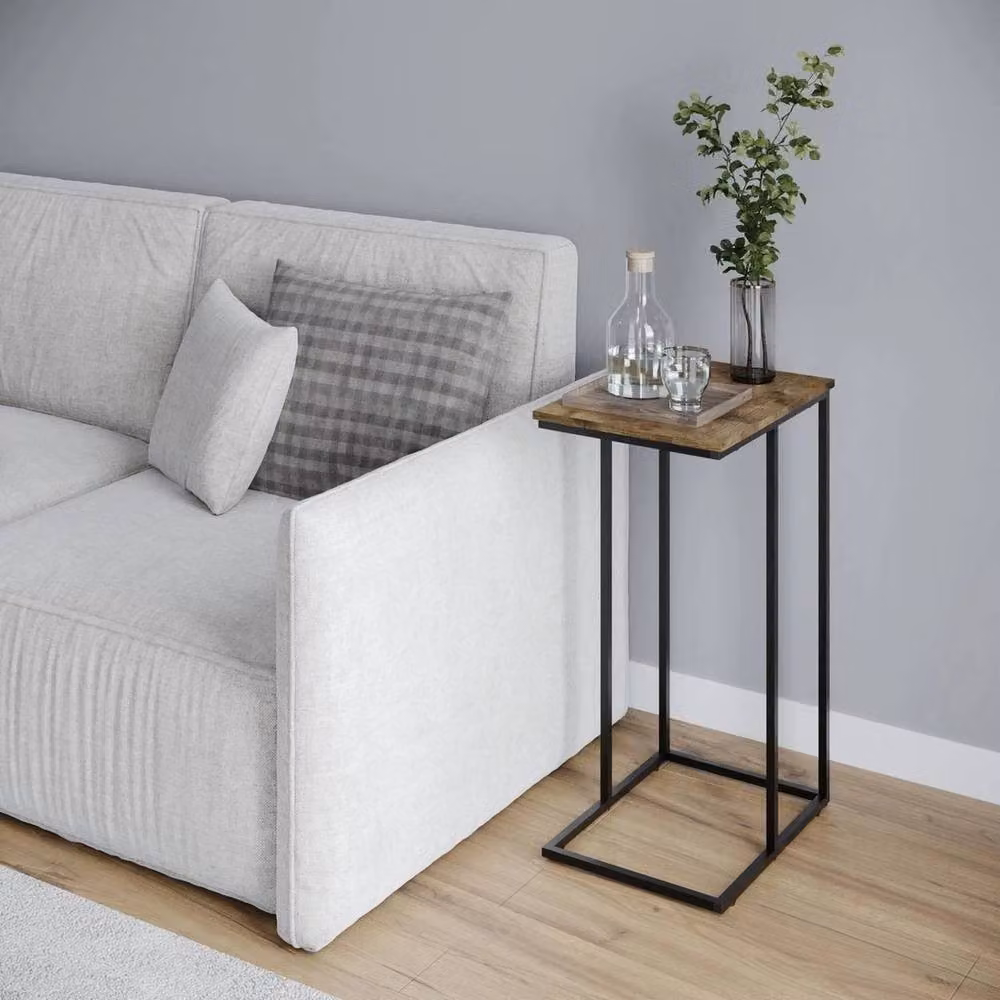 FORGEVIO Industrial C-Shaped Side Table with Ancient Wood Top and Steel Frame, W/D/H: 30 x 30 x 66 cm – 3