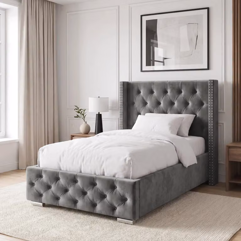 DHS Cross Pattern Velvet Ottoman Storage Bed with Winged Headboard in Grey, Single (90 x 190 cm)