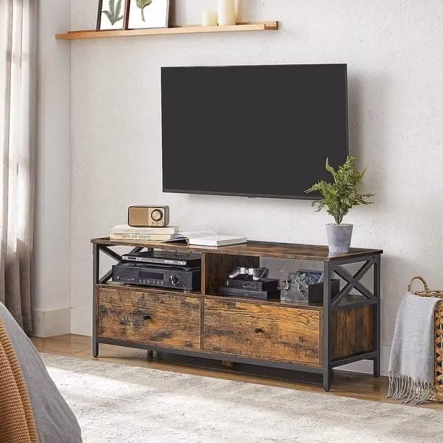 The Bazaarist Industrial TV Stand with 2 Drawers and Open Shelving in Rustic Brown and Black, W/D/H: 120 x 40 x 50 cm