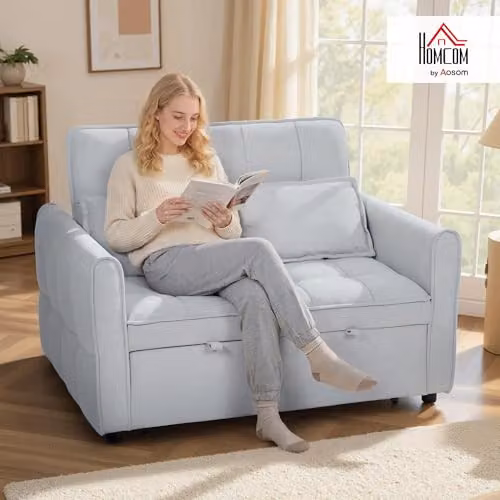 HOMCOM 2 Seater Convertible Sofa Bed in Grey Velvet Fabric with Adjustable Headrest and Click-Clack Sleeping Function – 2