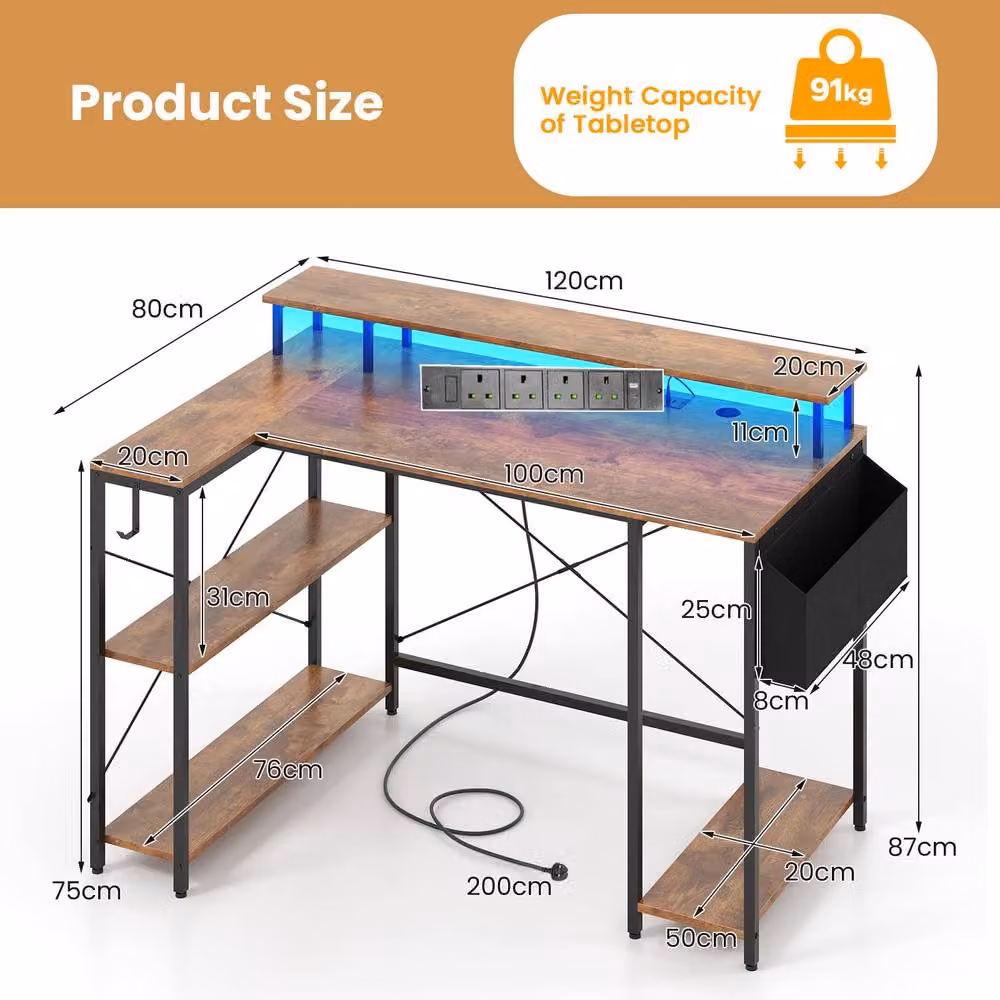 Gymax L-Shaped Gaming Desk with LED Lights in Brown – 8