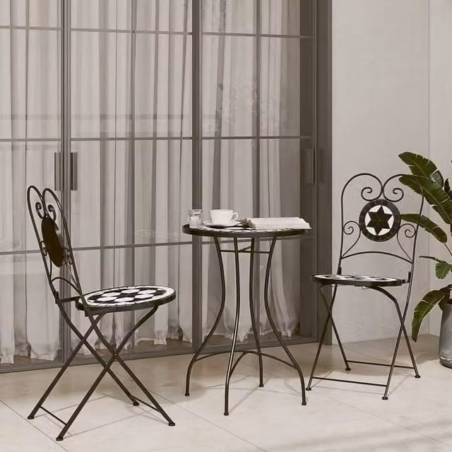 Berkfield Home Beautiful Bistro Chairs, Set of 2, Black and White Geometric Ceramic and Metal Foldable Garden Chairs – 1