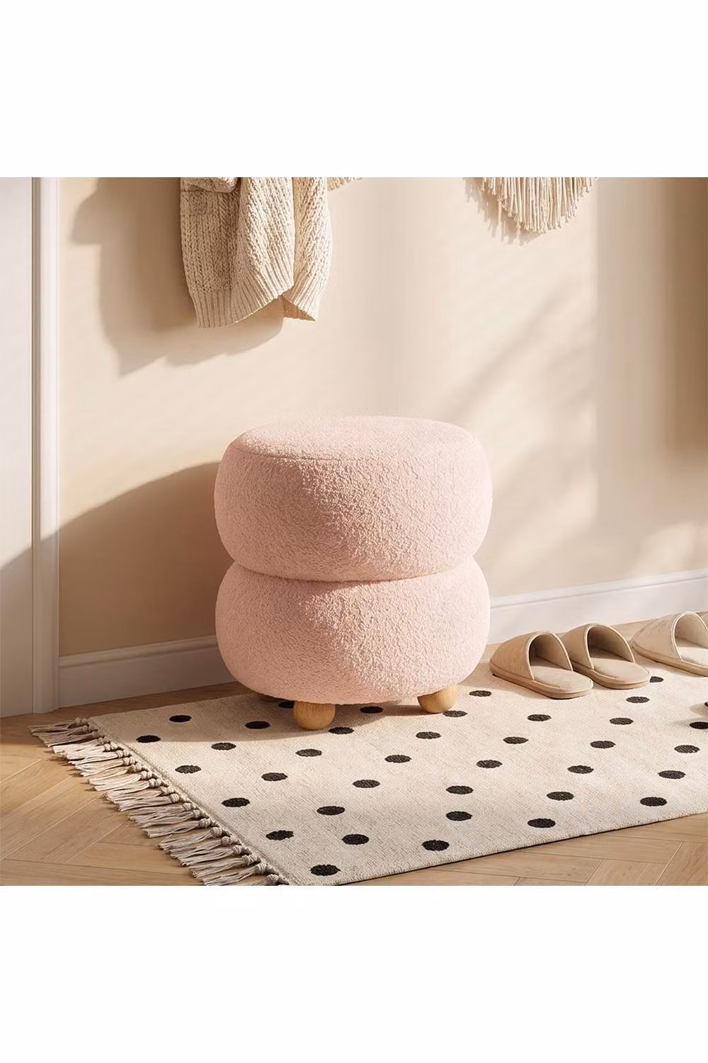 Living and Home Round Teddy Fleece Upholstered Footstool in Pink – 2