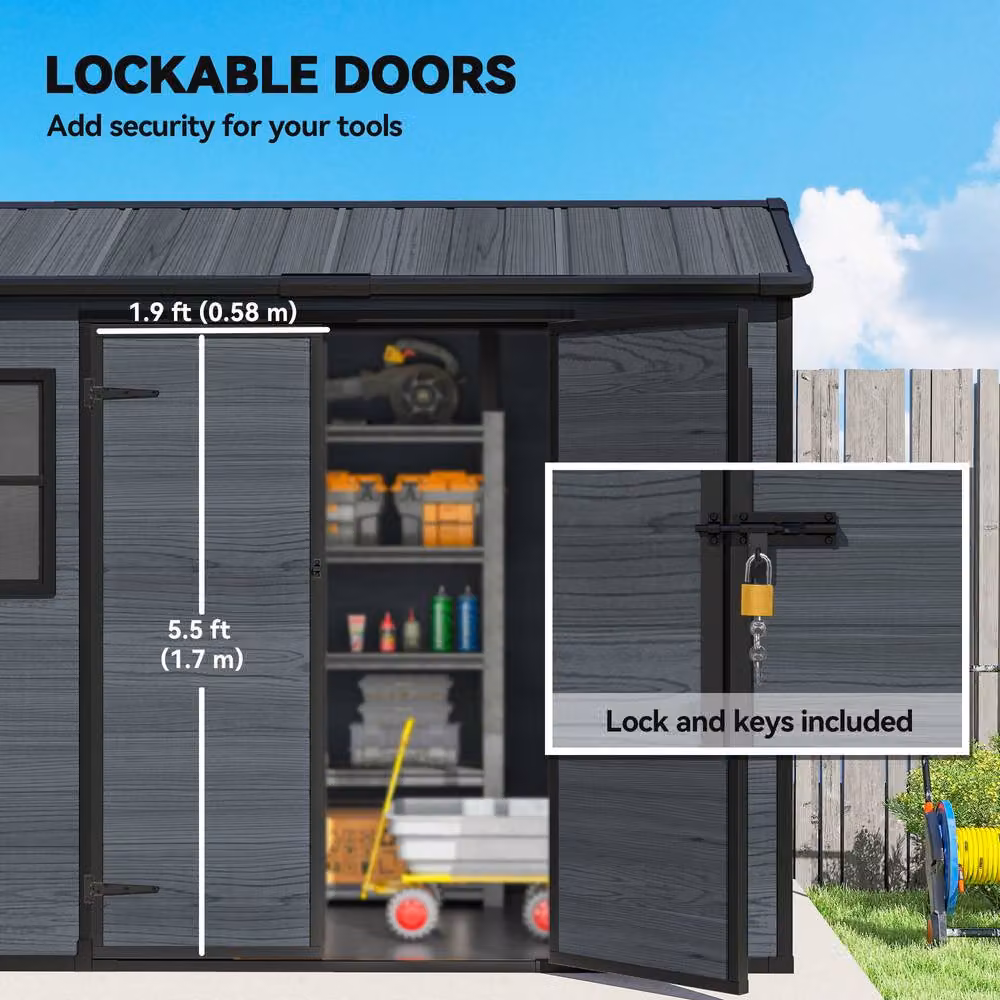 Outsunny Resin Garden Shed with Floor and Lockable Doors, Dark Grey – 6