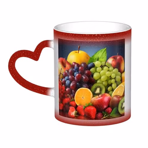 Oudrspo Fruits Coffee Mug, Red and Multicolour Heat Sensitive Colour Changing Ceramic Tea Cup with Handle