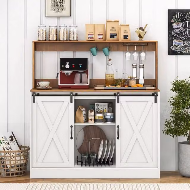 KORVIXA White Farmhouse Coffee Bar Cabinet with Sliding Glass Doors, W: 70 cm, H: 75 cm – 1