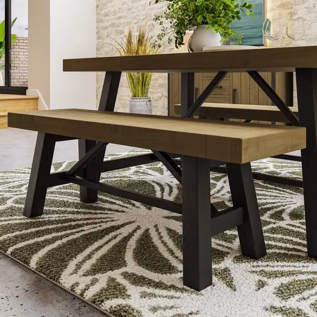 FWStyle Solid Pine Dining Bench in Lacquered Driftwood Brown and Grey