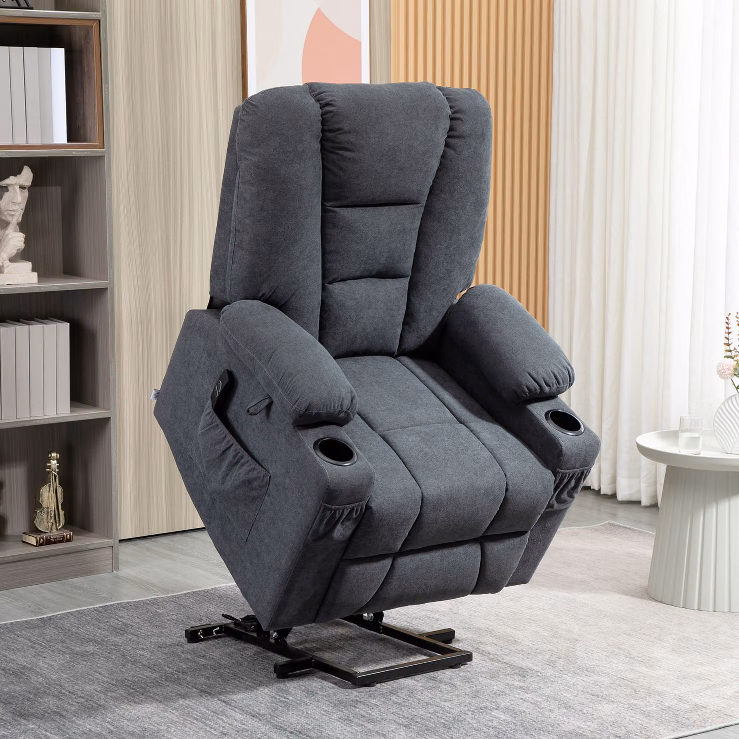 HOMCOM Oversized Fabric Upholstered Riser and Recliner Chair for Seniors in Grey with Remote Control, Side Pockets and Cup Holder – 2