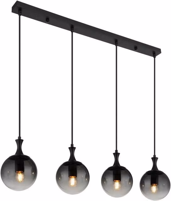 Netlighting Dalton Bar Pendant Light in Matt Black with Smoke Grey Glass Shades, 4x E27, W/D/H: 130 x 40 x 15 cm