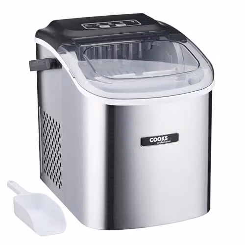 Cooks Professional Silver Countertop Ice Maker Machine with Ice Scoop, 12kg Capacity and 1.3L Water Tank