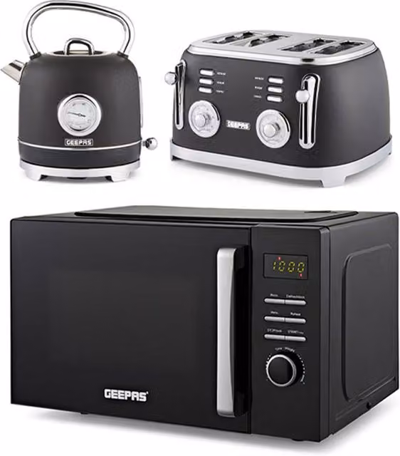 Geepas Retrovive Black Kettle 1.8 l, Toaster Set and 23 l Digital Microwave