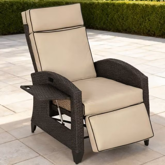 ERGOVEXA Outdoor Recliner Chair in Beige with Adjustable Headrest, Side Tray and Armrests